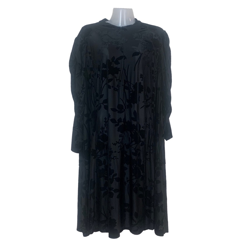 Zapelle Women's L/XL Black Sheer Burnout Velvet Floral Midi Dress Ruched Sleeves